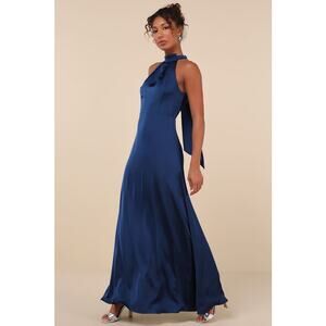 NWT Lulus Regal Loveliness Blue Satin Pleated Mock Neck Maxi Dress Bridesmaid S